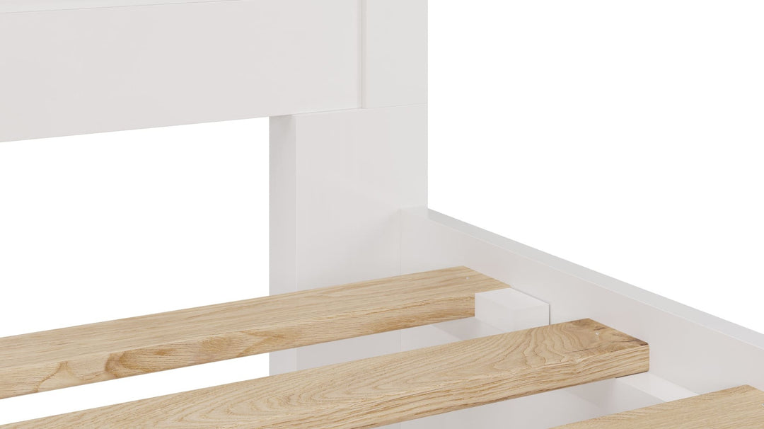 Grace Four Drawer Platform Storage Bed in Snowfall White — close-up of the slats and side rail