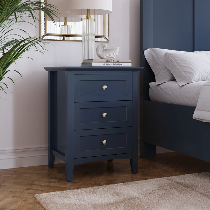Grace Three Drawer Nightstand in Blueberry — in a bedroom setting