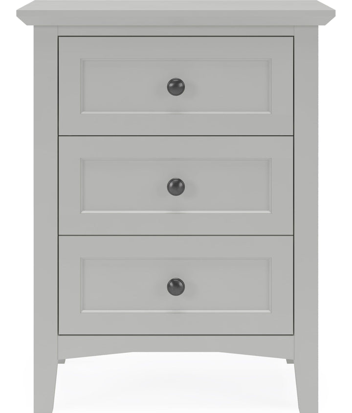 Grace Three Drawer Nightstand in Elephant Grey — on a white background