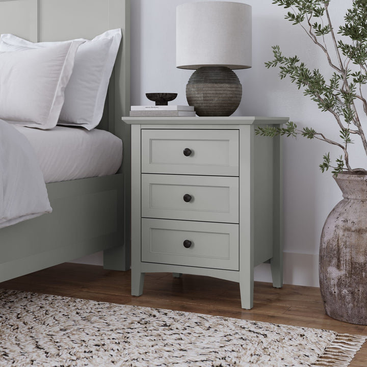 Grace Three Drawer Nightstand in Elephant Grey — in a bedroom setting