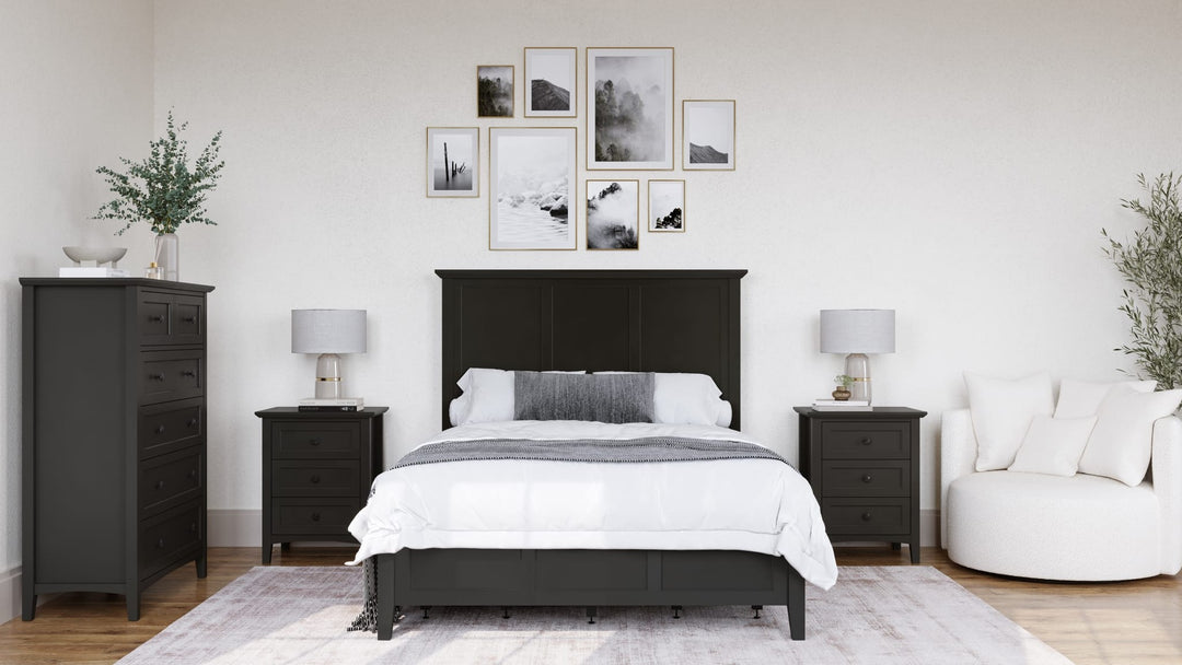 Grace Three Drawer Nightstand in Raven Black — in a bedroom setting