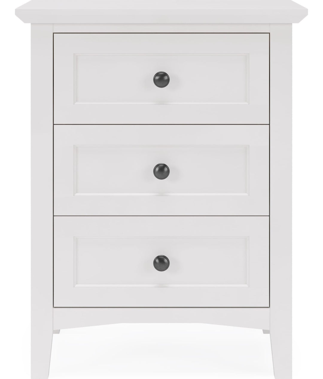 Grace Three Drawer Nightstand in Snowfall White — on a white background