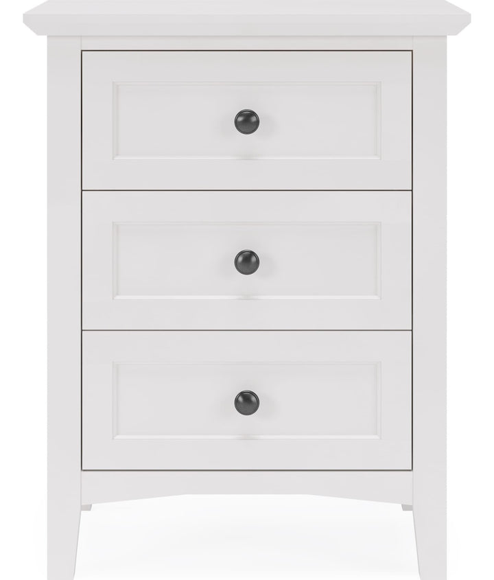Grace Three Drawer Nightstand in Snowfall White — on a white background