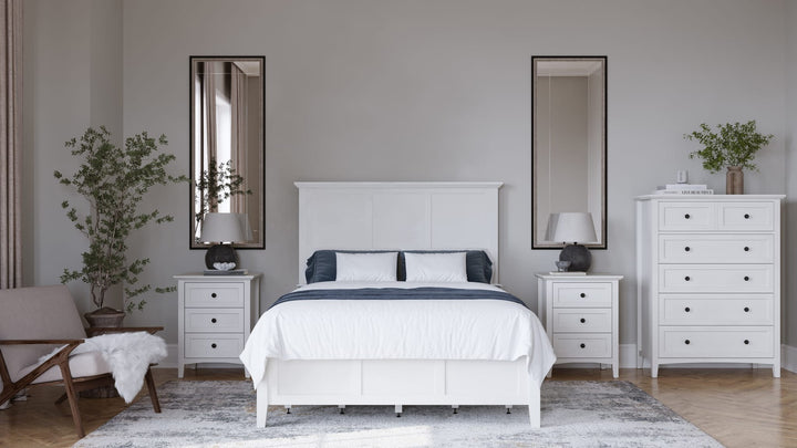 Grace Three Drawer Nightstand in Snowfall White — in a bedroom setting