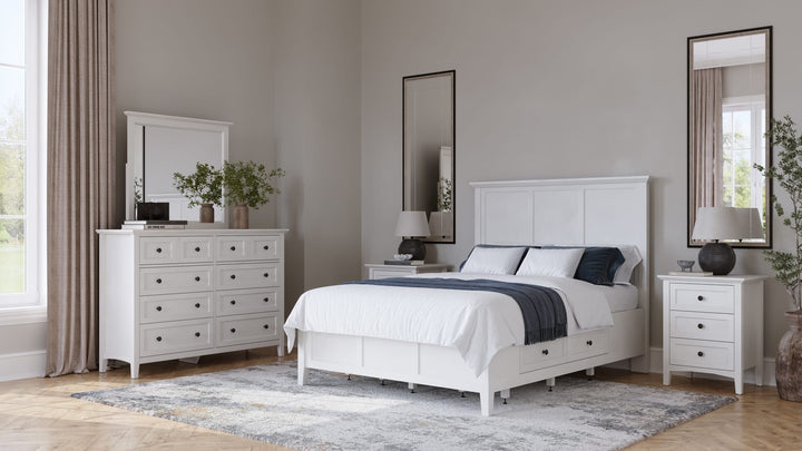 Grace Three Drawer Nightstand in Snowfall White — in a bedroom setting