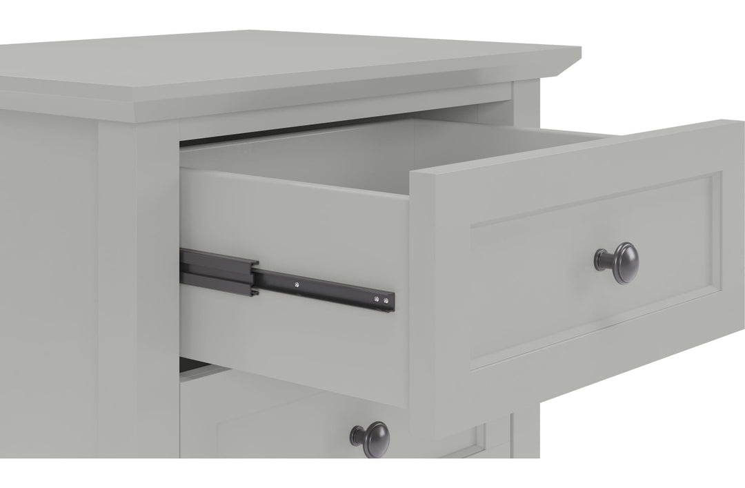 Grace Three Drawer Nightstand in Elephant Grey — with drawers open