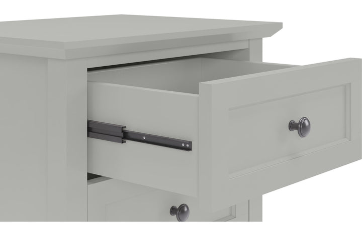 Grace Three Drawer Nightstand in Elephant Grey — with drawers open