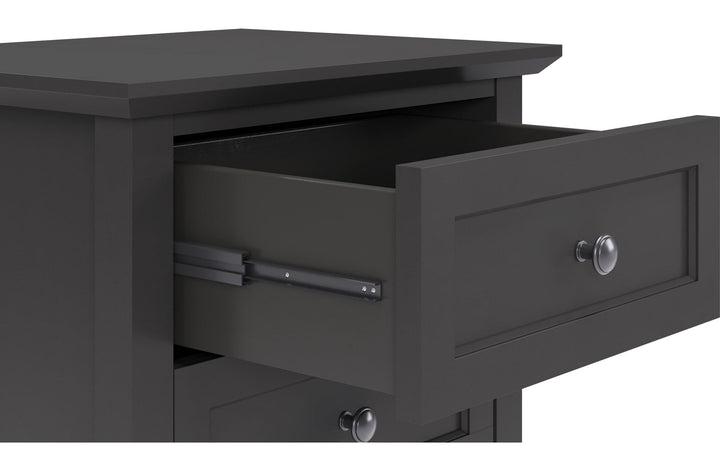 Grace Three Drawer Nightstand in Raven Black — with drawers open