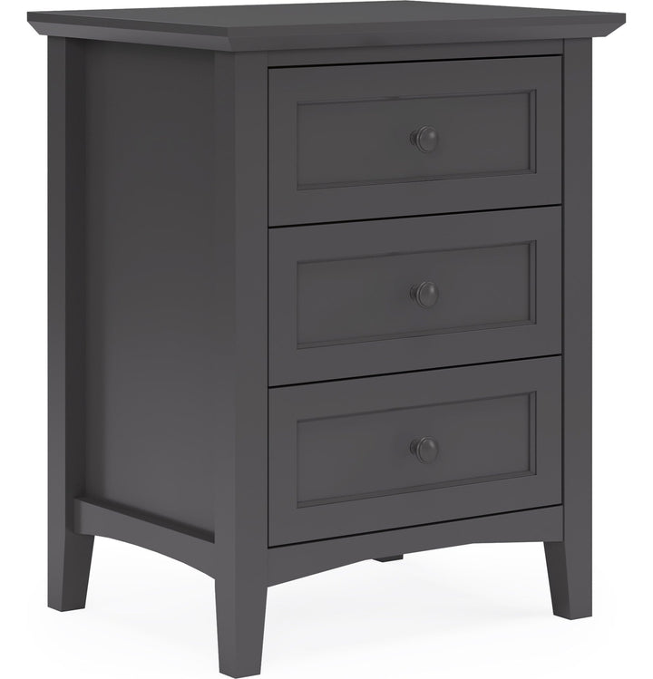 Grace Three Drawer Nightstand in Raven Black — on a white background