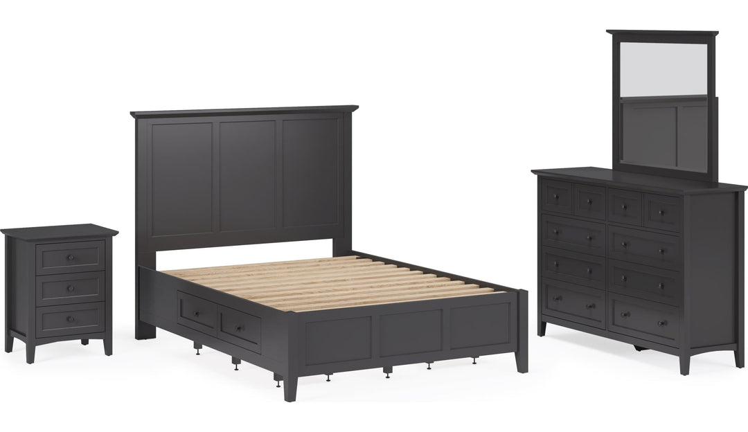 Grace Three Drawer Nightstand in Raven Black — shown with the matching bedroom group (sold separately)