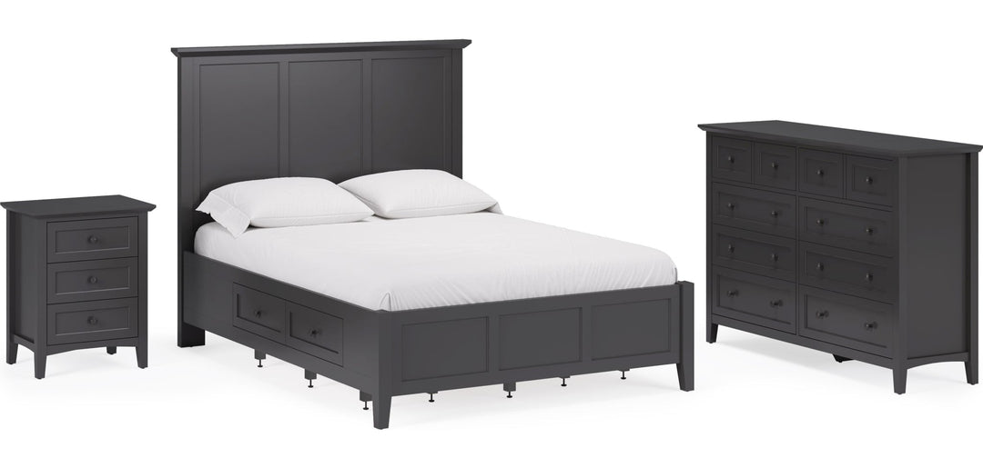 Grace Three Drawer Nightstand in Raven Black — shown with the matching bedroom group (sold separately)
