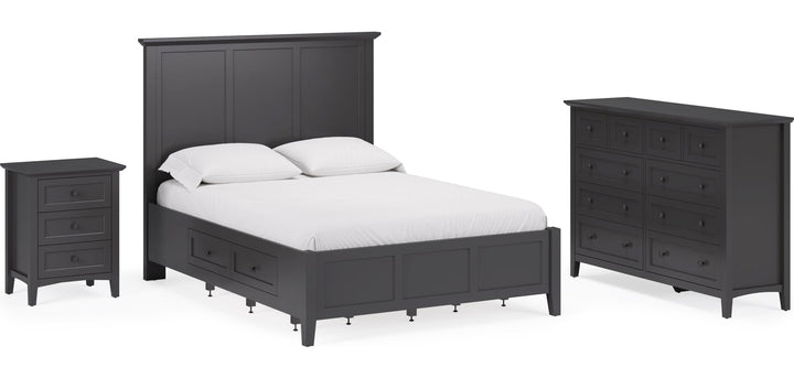 Grace Three Drawer Nightstand in Raven Black — shown with the matching bedroom group (sold separately)