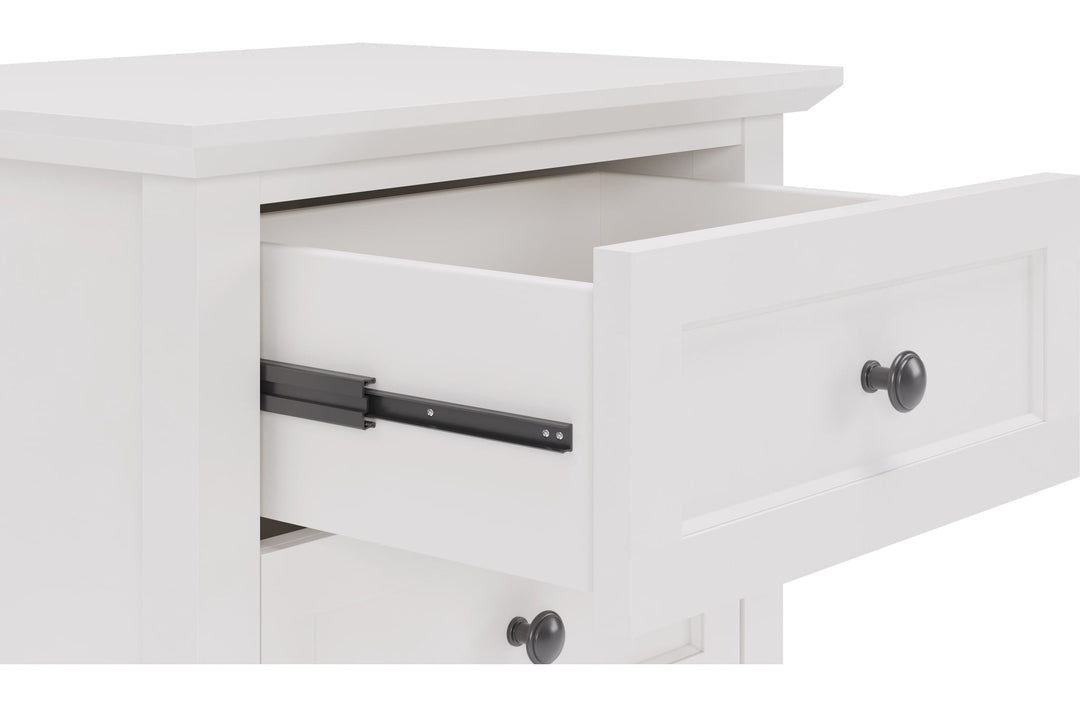 Grace Three Drawer Nightstand in Snowfall White — with drawers open