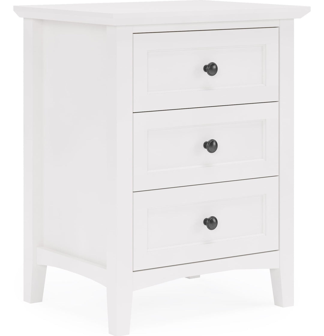 Grace Three Drawer Nightstand in Snowfall White — on a white background