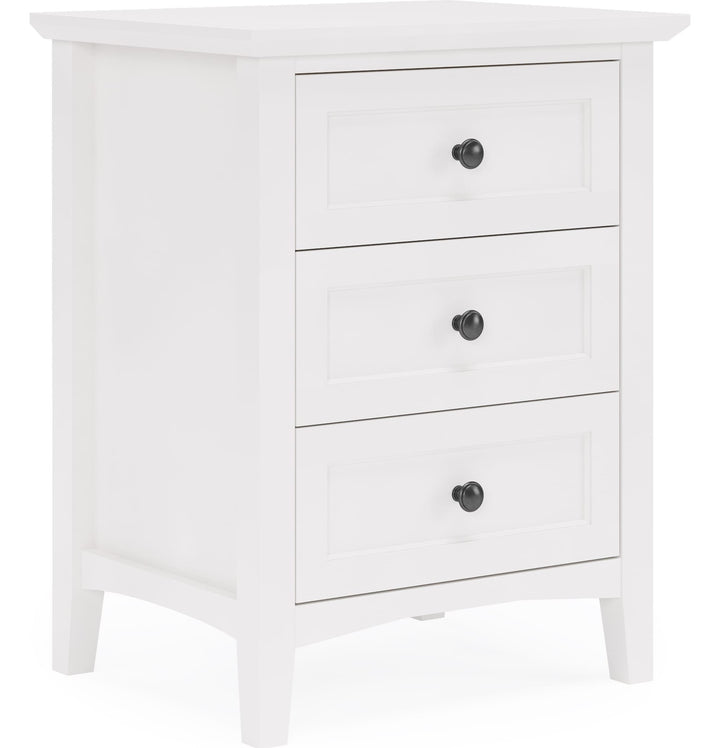 Grace Three Drawer Nightstand in Snowfall White — on a white background
