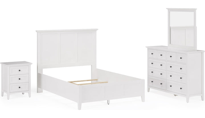 Grace Three Drawer Nightstand in Snowfall White — shown with the matching bedroom group (sold separately)