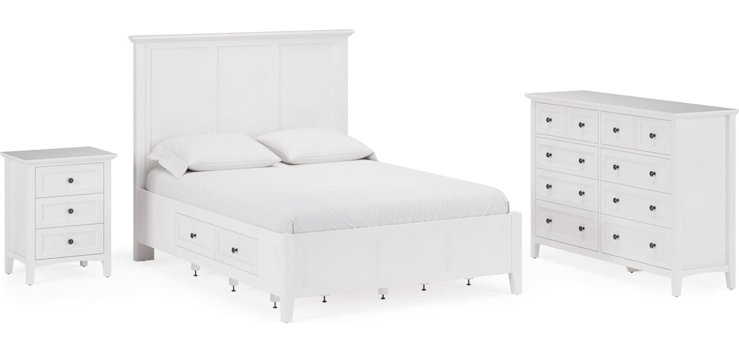 Grace Three Drawer Nightstand in Snowfall White — shown with the matching bedroom group (sold separately)
