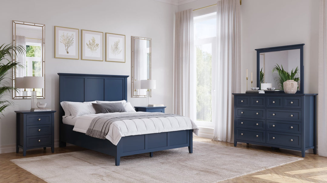 Grace Three Panel Bed in Blueberry styled in a bedroom