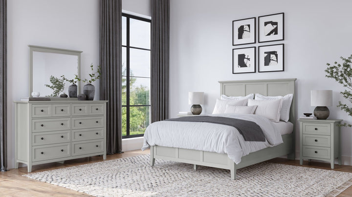 Grace Three Panel Bed in Elephant Grey styled in a bedroom