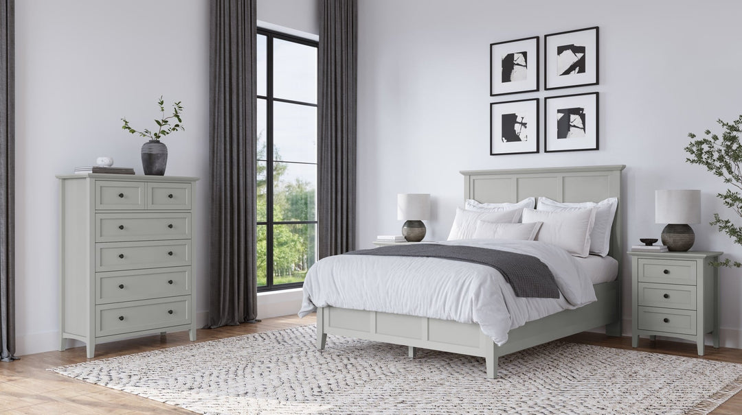 Grace Three Panel Bed in Elephant Grey styled in a bedroom
