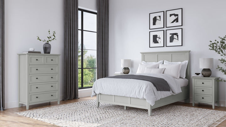 Grace Three Panel Bed in Elephant Grey styled in a bedroom