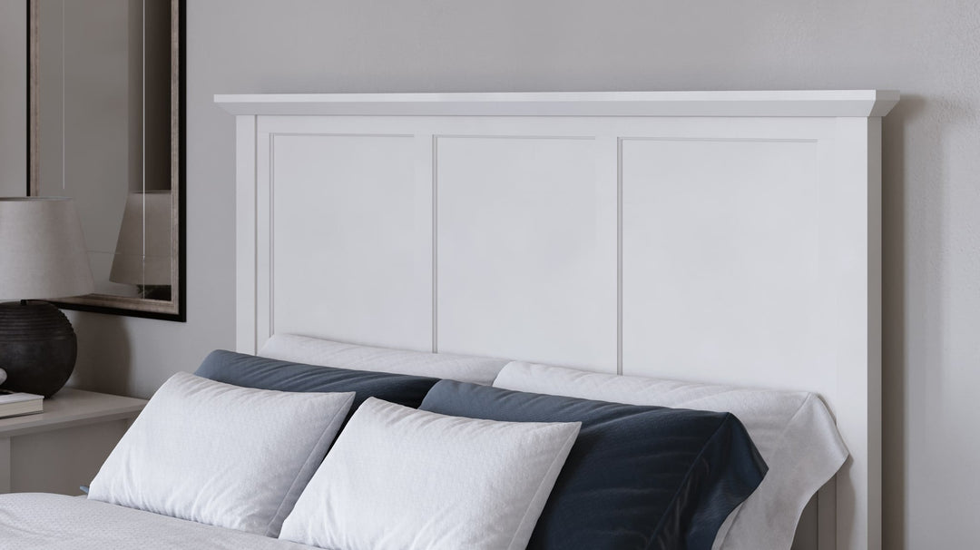 Grace Three Panel Bed in Snowfall White styled in a bedroom
