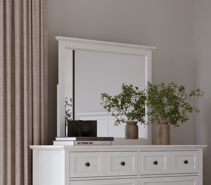 Grace Wall or Dresser Mirror in Snowfall White — styled on the matching dresser (sold separately)