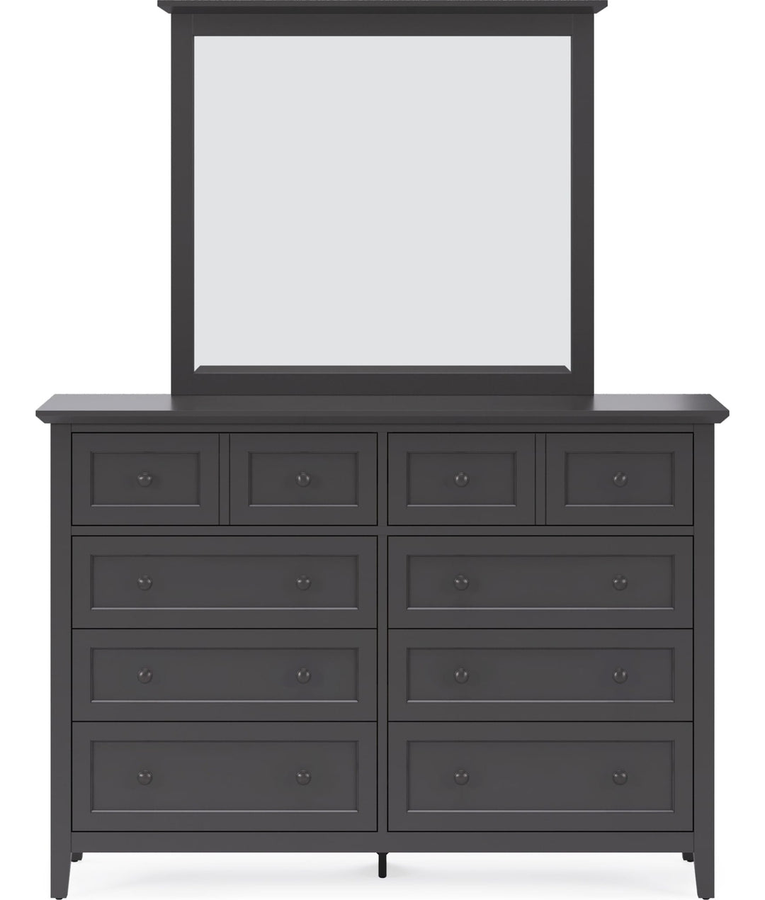 Grace Wall or Dresser Mirror in Raven Black — on a white background, mounted on the matching dresser (sold separately)