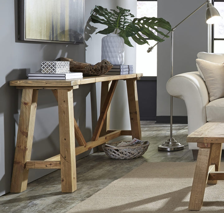 Harby Reclaimed Wood Console Table in Rustic Tawny — lifestyle photo