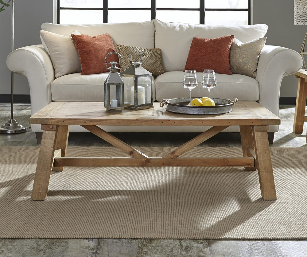 Harby Reclaimed Wood Rectangular Coffee Table in Rustic Tawny — lifestyle photo