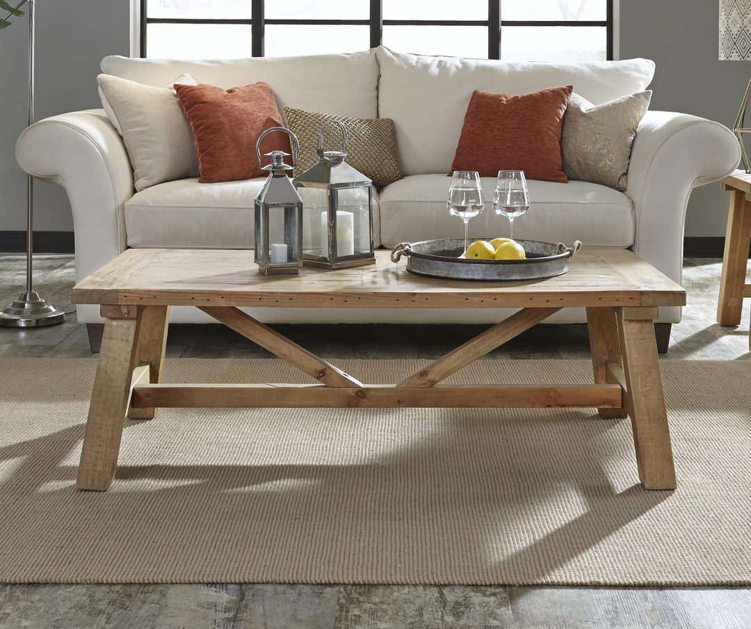 Harby Reclaimed Wood Rectangular Coffee Table in Rustic Tawny — lifestyle photo
