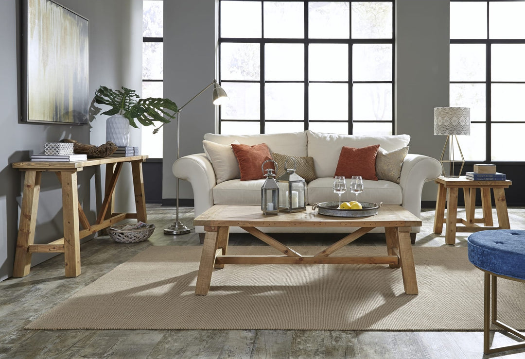 Harby Reclaimed Wood Rectangular Coffee Table in Rustic Tawny — lifestyle photo