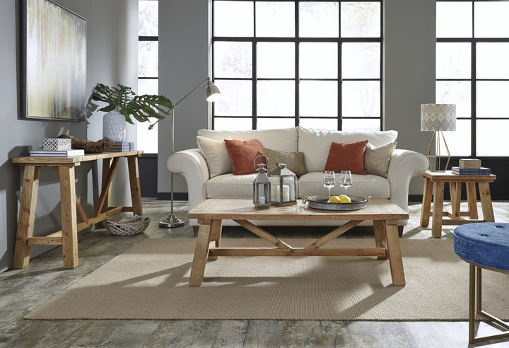 Harby Reclaimed Wood Rectangular Coffee Table in Rustic Tawny — lifestyle photo