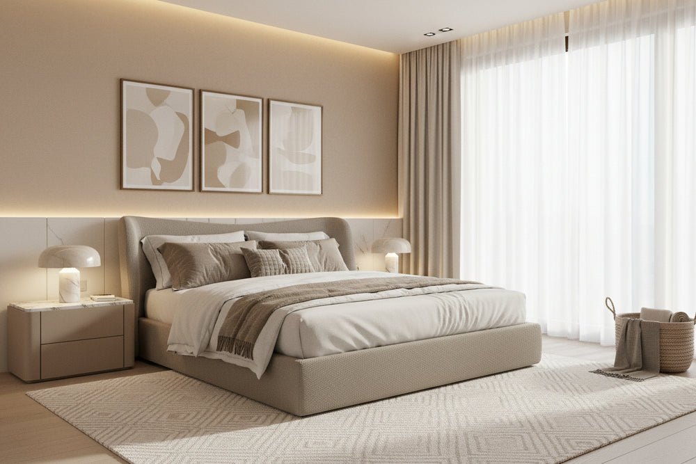 HARLOW Upholstered Storage Bed in Putty Mobital