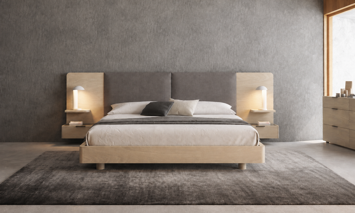Hatley bed by Huppé with an upholstered extended headboard and integrated nightstands in a warm neutral bedroom