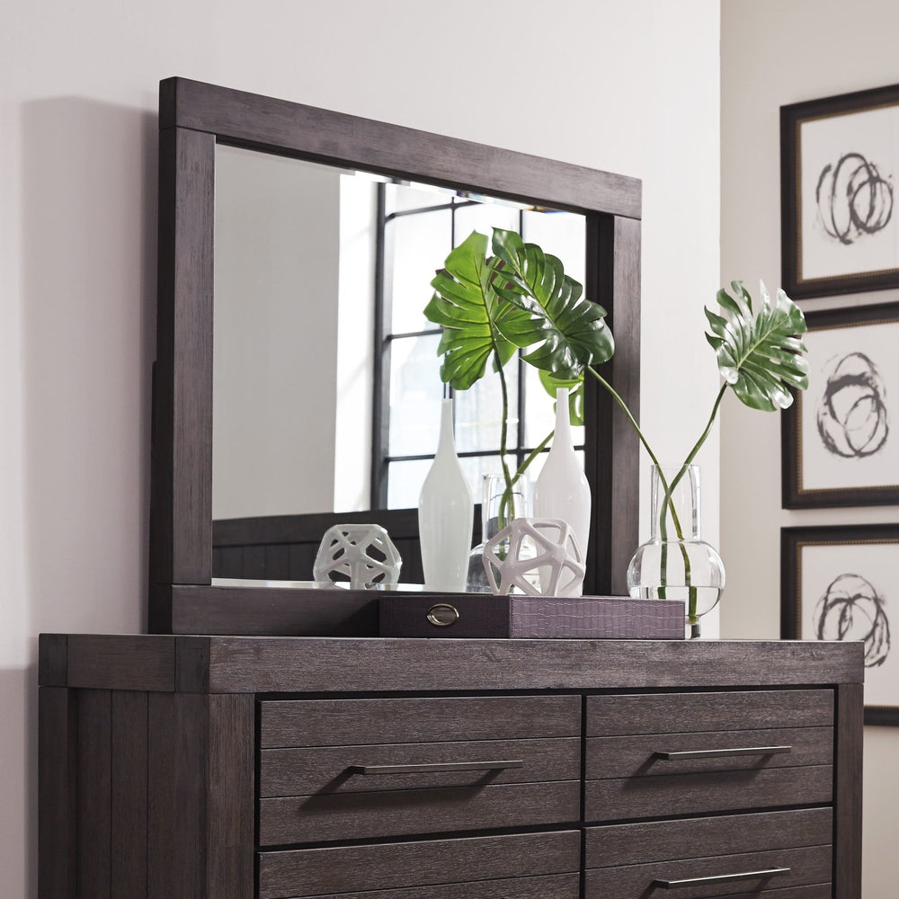 Heath Beveled Glass Mirror in Basalt Grey — styled on the matching dresser (sold separately)