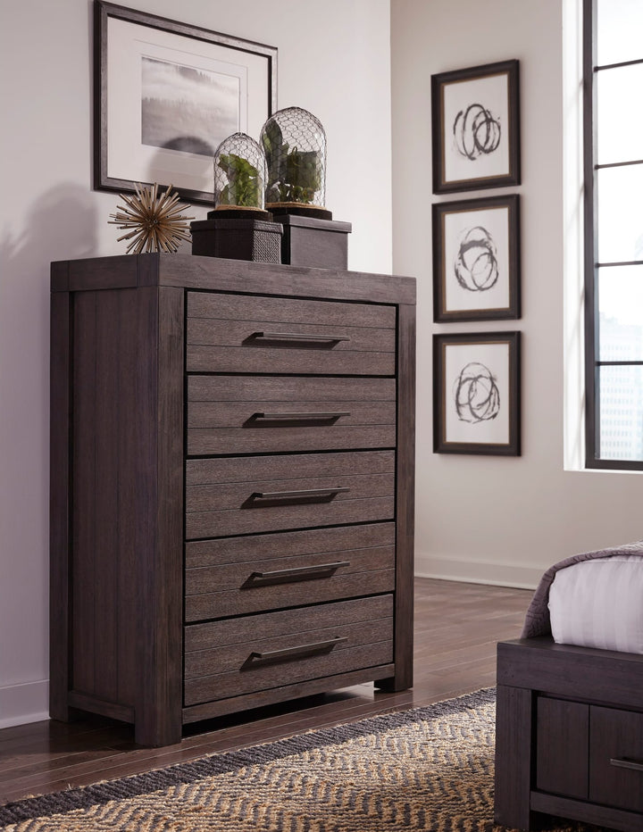 Heath Five Drawer Chest in Basalt Grey — styled in a room
