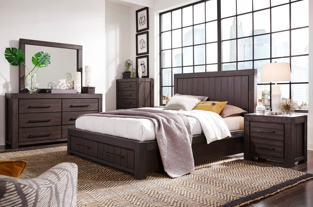 Heath Five Drawer Chest in Basalt Grey — in a bedroom setting