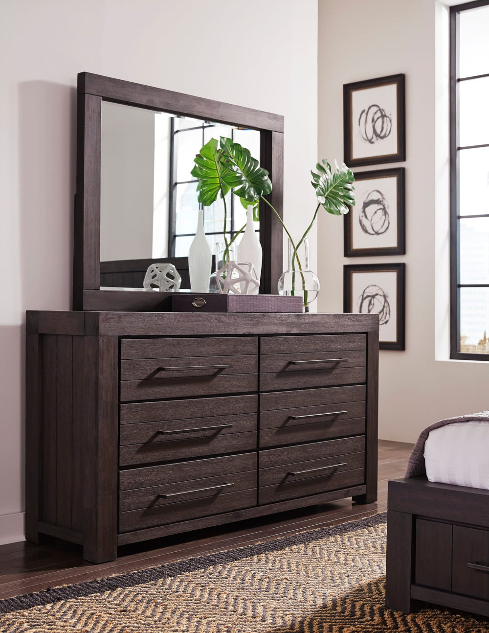 Heath Six Drawer Dresser in Basalt Grey — styled with the matching mirror (sold separately)