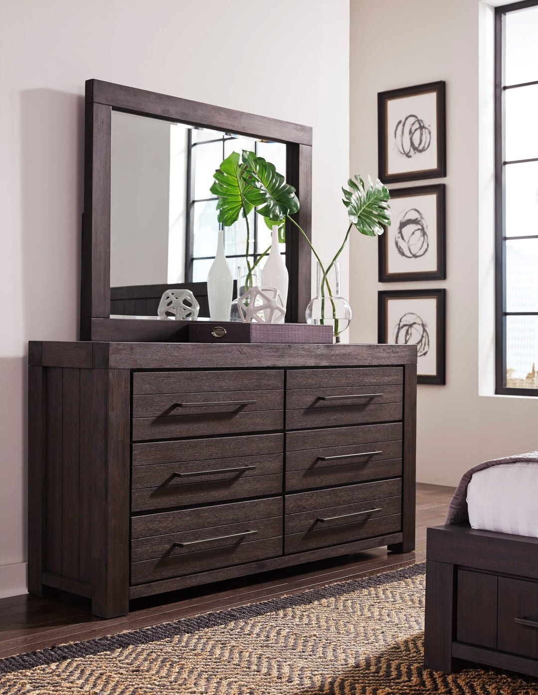 Heath Six Drawer Dresser in Basalt Grey — styled with the matching mirror (sold separately)
