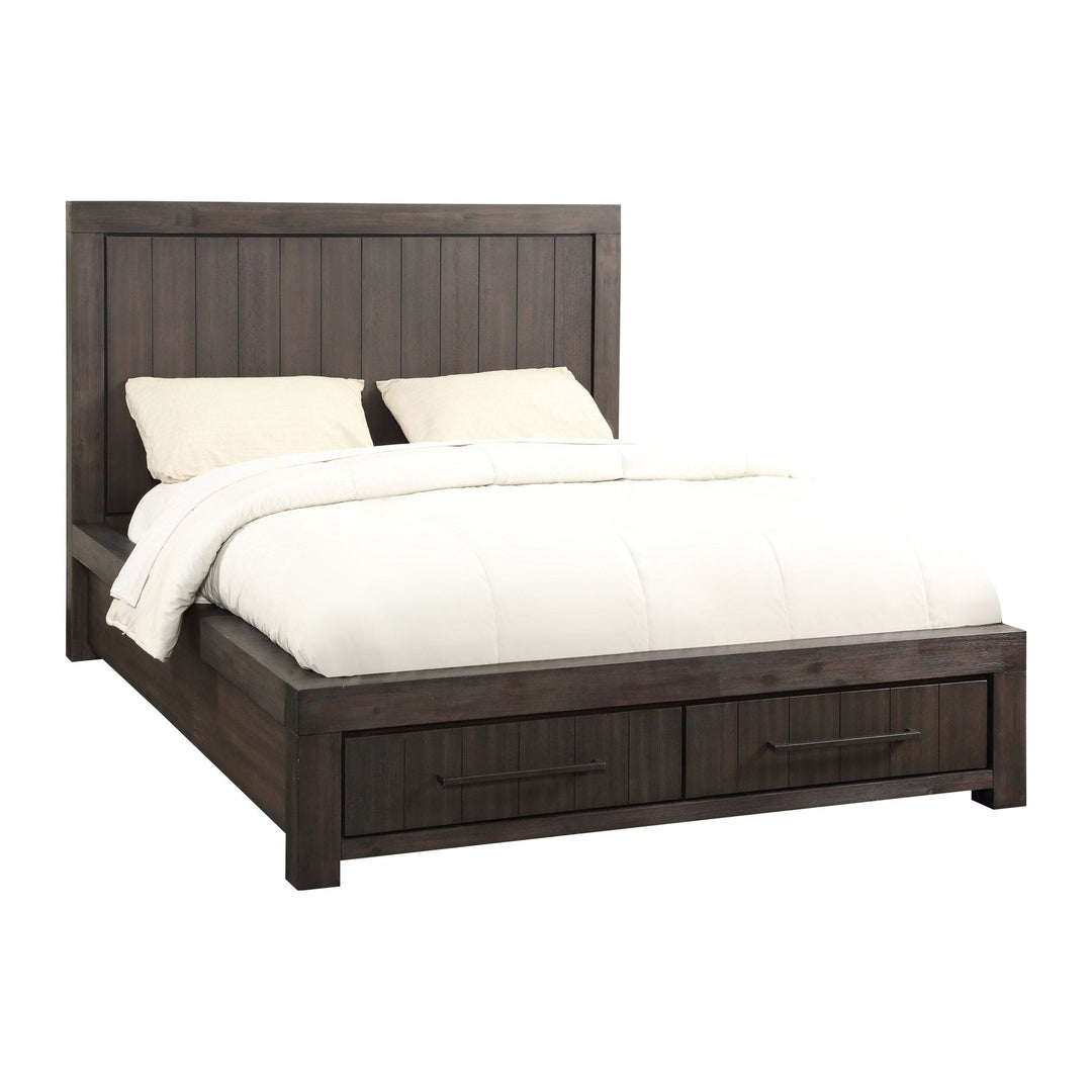Heath Two Drawer Wood Storage Bed by Modus in Basalt Grey — white background, angled view