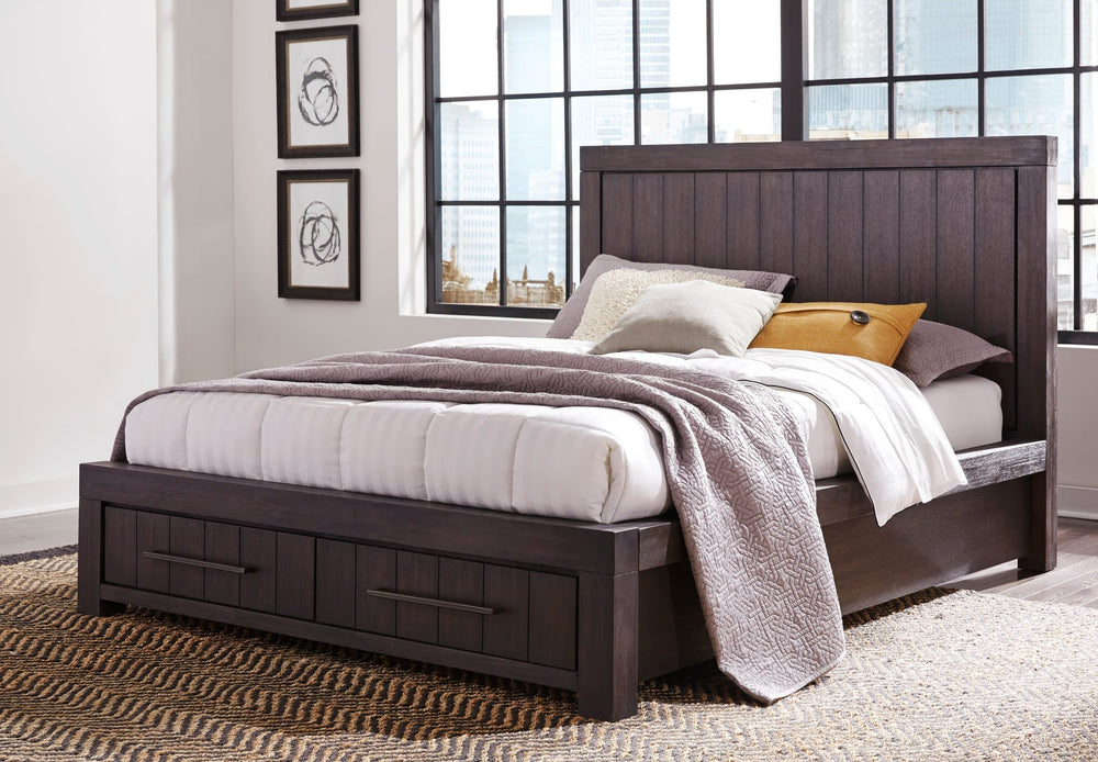 Heath Two Drawer Wood Storage Bed in Basalt Grey styled in a bedroom