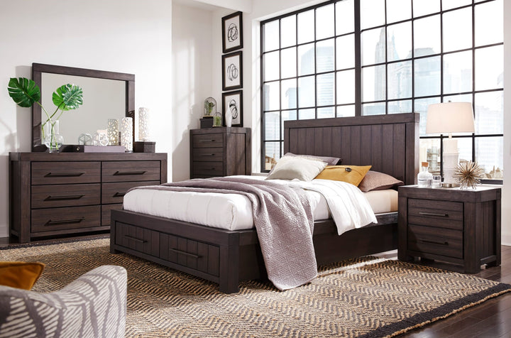 Heath Two Drawer Wood Storage Bed in Basalt Grey styled in a bedroom