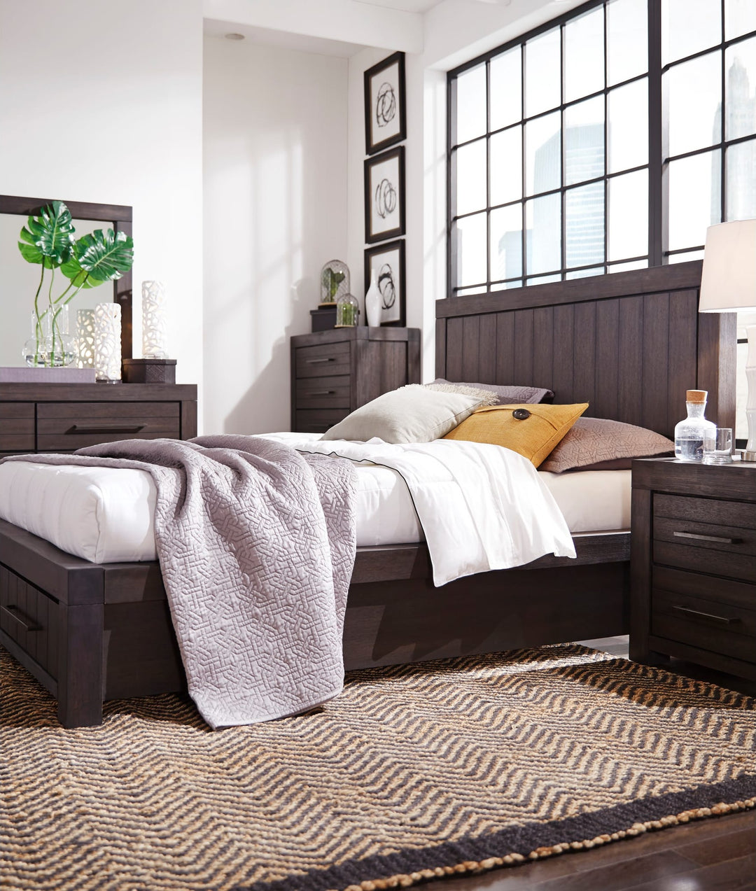 Heath Two Drawer Wood Storage Bed in Basalt Grey styled in a bedroom