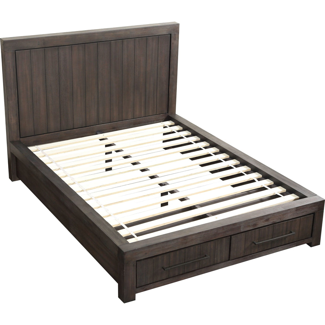 Heath Two Drawer Wood Storage Bed in Basalt Grey — without mattress, showing slat platform