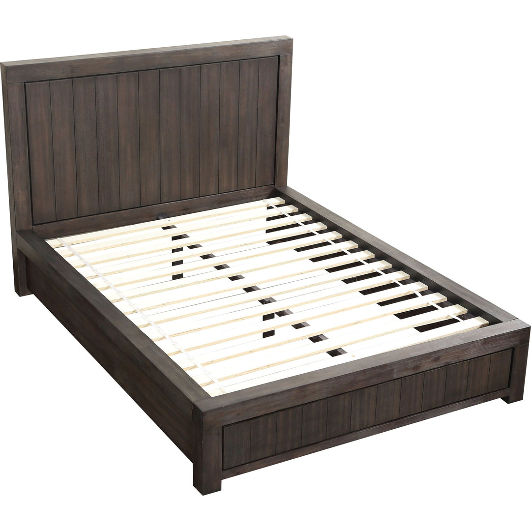Heath Wood Platform Bed in Basalt Grey — angled view without mattress, showing slat platform