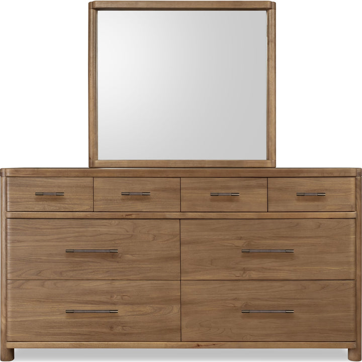 Hollis Dresser Mirror in Cabin Glow — on a white background, mounted on the matching dresser (sold separately)