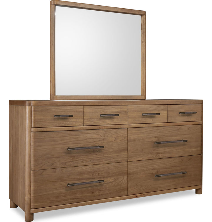 Hollis Dresser Mirror in Cabin Glow — on a white background, mounted on the matching dresser (sold separately)