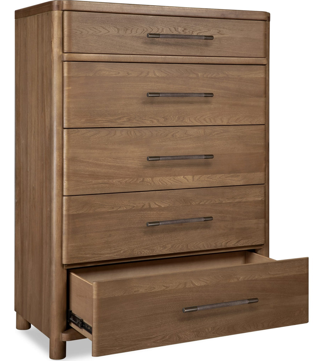 Hollis Five Drawer Chest in Cabin Glow — with drawers open