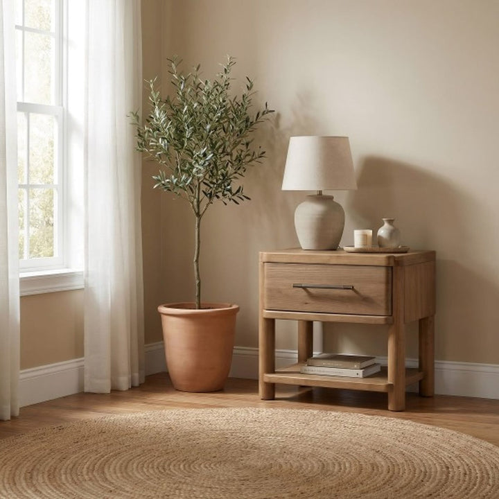 Hollis One Drawer Nightstand with Cord Management in Cabin Glow — in a bedroom setting